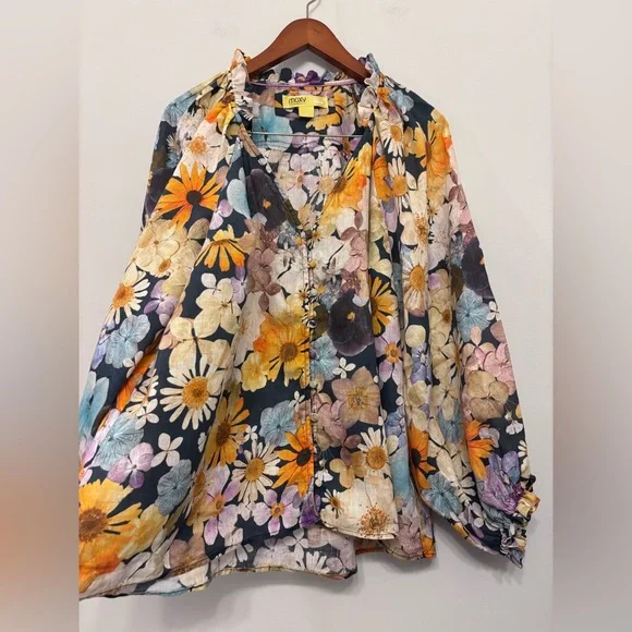 ANTHROPOLOGIE Maeve Moxy Collective Blouse Button Up Watercolor Floral Linen 1X - Picture 7 of 13
